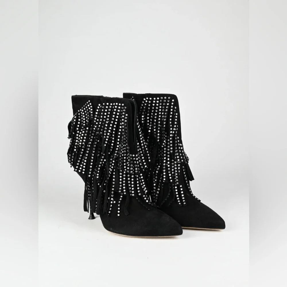 Sergio Rossi Black Ankle Boots with Silver Fringe - Picture 3 of 16